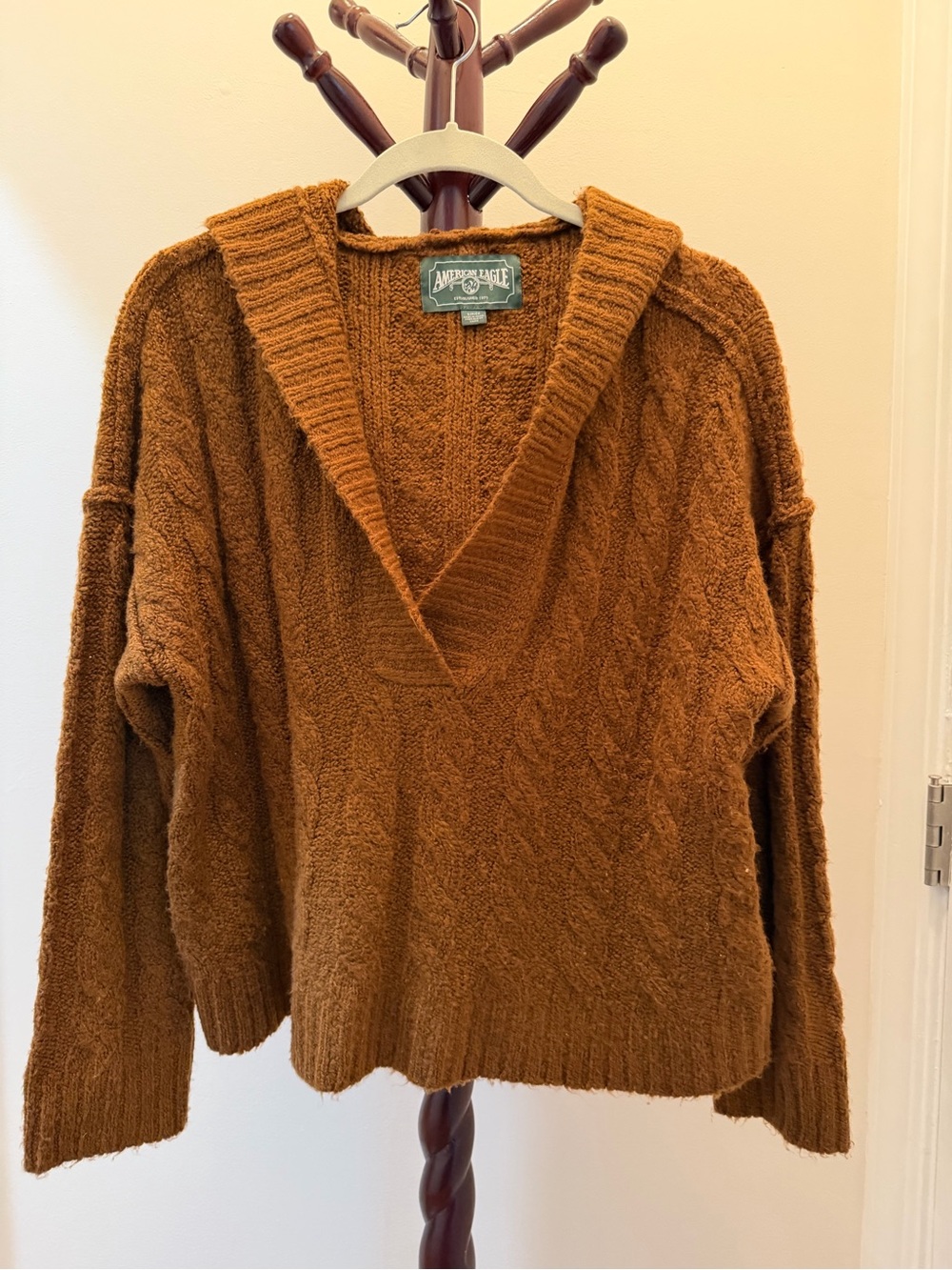 American Eagle Outfitters Women’s Deep Rust Cable V-Neck Sweater